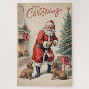 Puzzle Père Noël vintage aux chiens Joyeux Noël