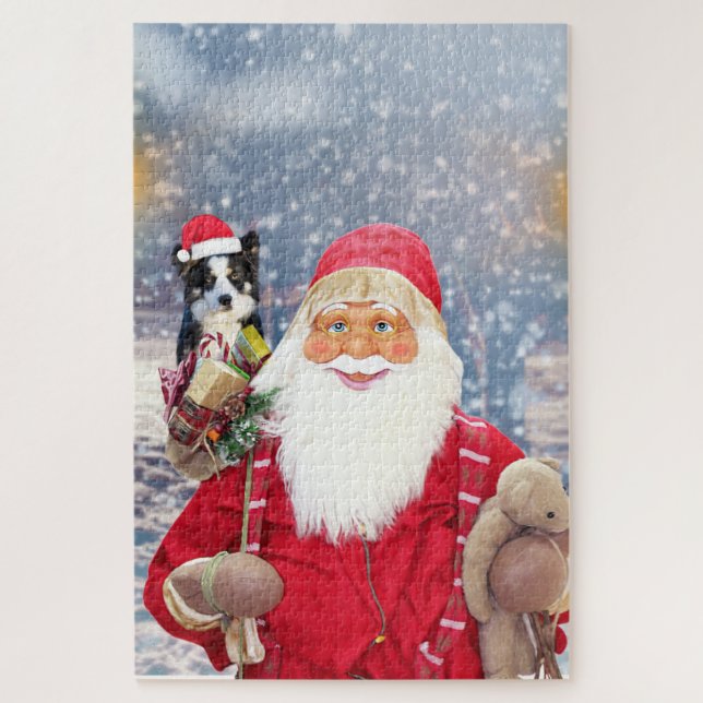 Puzzle Père Noël w Cadeaux de Noël Bordure Collie Chien (Vertical)