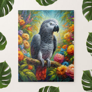 Puzzle Perroquet gris africain aux fleurs colorées