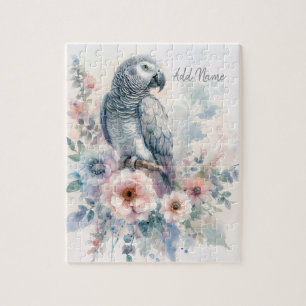 Puzzle Perroquet Gris Africain Floral Pastel