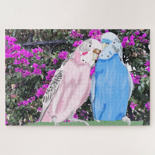 Puzzle Perruche et bouganvillée roses et bleues (Horizontal)
