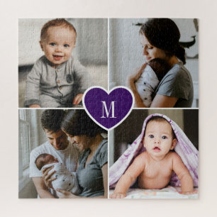 Puzzle Personnalisé Monogramme Famille Photo Collage Purp