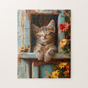 Puzzle Petit Chaton Endormi dans un Abri de Jardin en Fle