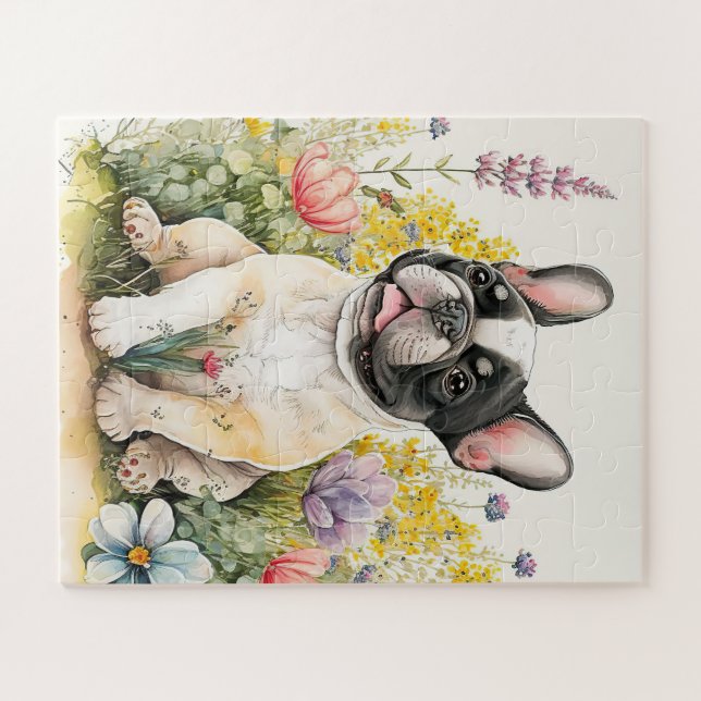 Puzzle Petit Chien Français Chien Chien Floral Chiot (Horizontal)