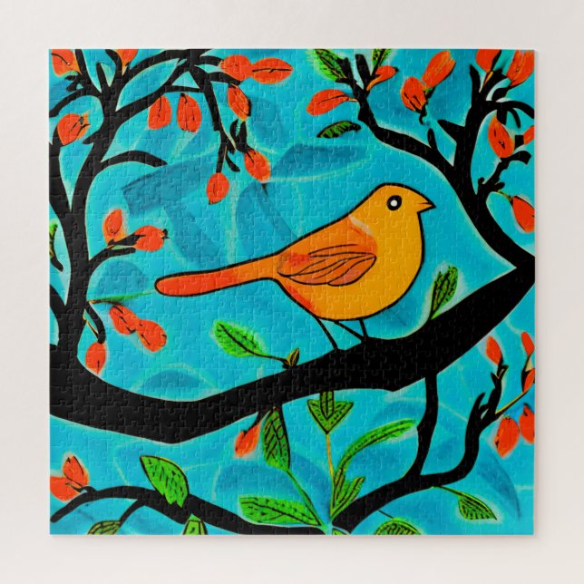 Puzzle Petit oiseau orange sur une branche de fleurs (Vertical)