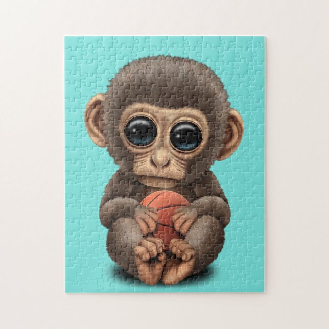 Puzzle Petit Singe Bébé Jouant Avec Le Basket-Ball (Vertical)