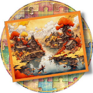PUZZLE - Petit village sur un ruisseau en automne