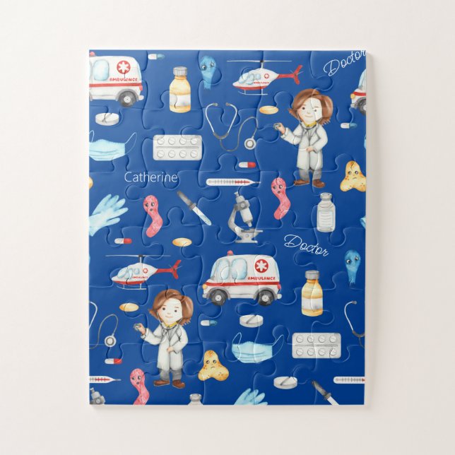 Puzzle Petite fille docteur Motif Médicale avec nom, bleu (Vertical)