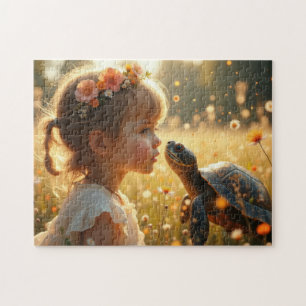 Puzzle Petite fille et la tortue dans les fleurs sauvages