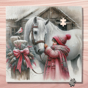 Puzzle Petite fille et son cheval Noël rustique
