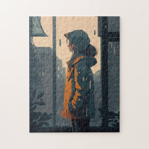 Puzzle Petite fille solitaire reste sous la pluie à côté