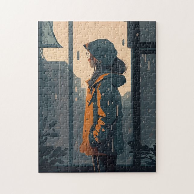Puzzle Petite fille solitaire reste sous la pluie à côté  (Vertical)