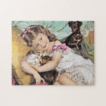 Petite fille vintage avec chatons et chien