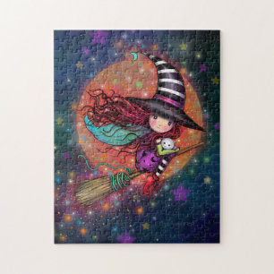Puzzle Petite Sorcière avec Chat Art Halloween