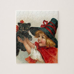 Puzzle Petite sorcière vintage de Halloween tenant le