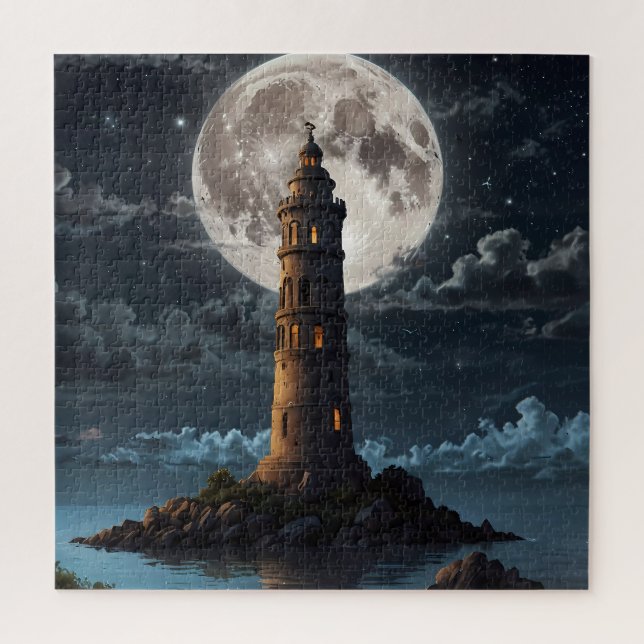 Puzzle Phare éclairé par le clair de lune la nuit claire (Vertical)