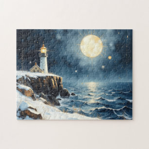 Puzzle phare peint en hiver