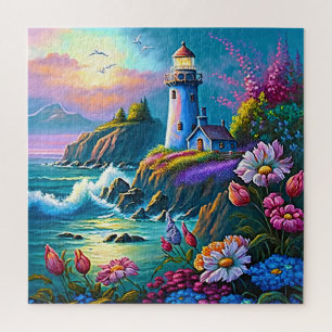 Puzzle Phare Vagues Océan Fleurs Colorées