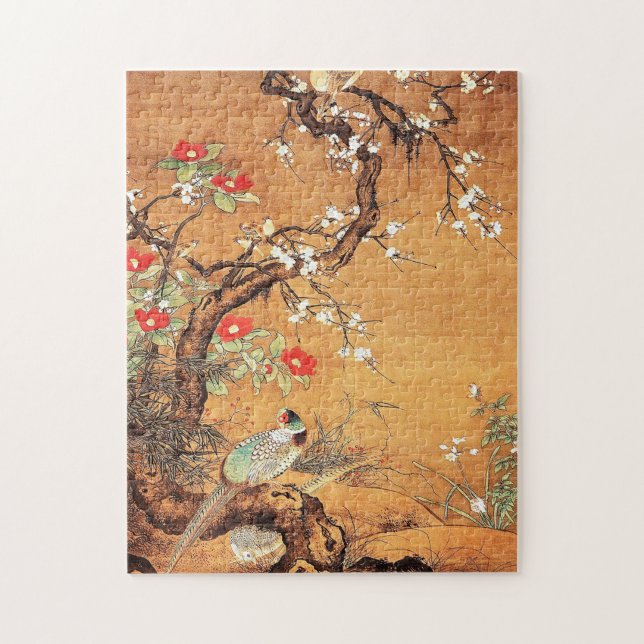Puzzle Phéasé et camélia l'art oriental chinois à l'encre (Vertical)