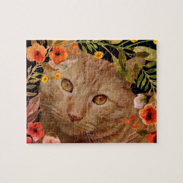Puzzle Photo de chat Tabby orange avec cadre de fleurs (Horizontal)