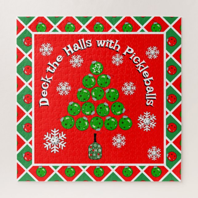 Puzzle Pickleball Christmas Tree Deck the Halls Red Green (Vertical)