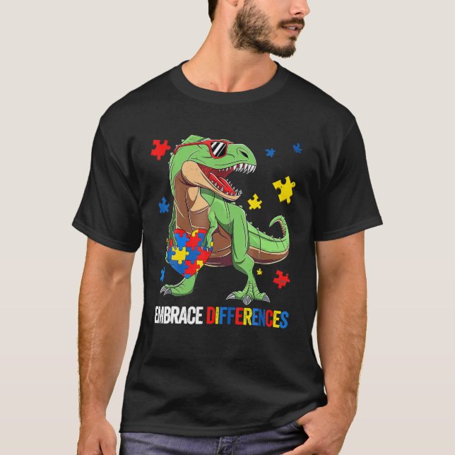 Puzzle Piece Autism T Rex Dinosaur Embrace Differe T-Shirt (Front)