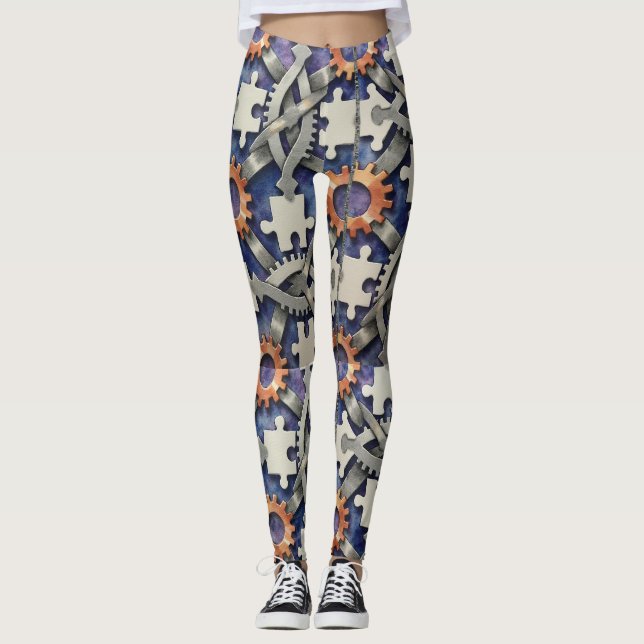 Puzzle Pieces Gears Seamless Pattern Leggings (Front)