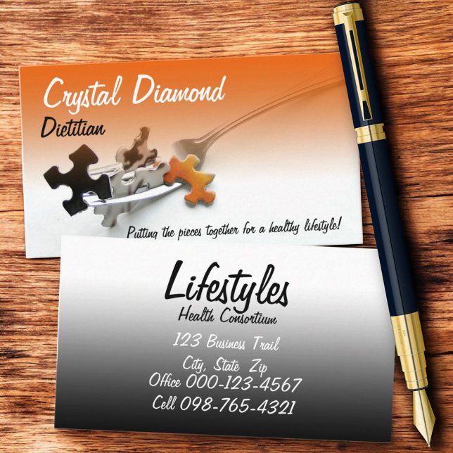 Puzzle Pieces On Fork Business Profession Business Card (front and back business card design black and orange gradient)