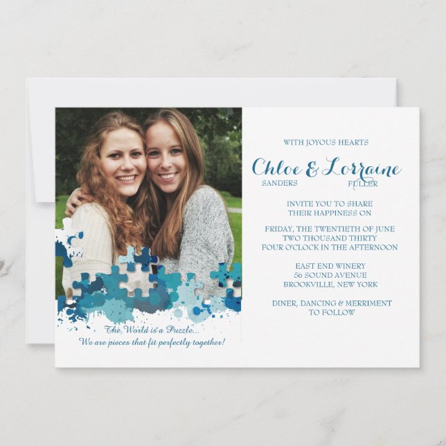 Puzzle Pieces Photo Wedding Invitation (Front)