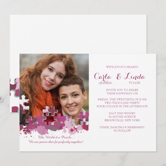 Puzzle Pieces Photo Wedding Pink Invitation (Front/Back)