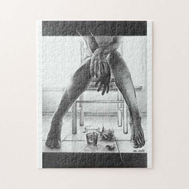 Puzzle Pieds Femme, verre et dessin au crayon rose (Vertical)