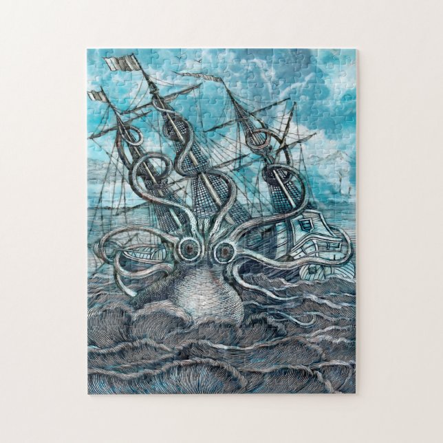 Puzzle Pieuvre géante Mer Bleue Monstre Voilier (Vertical)