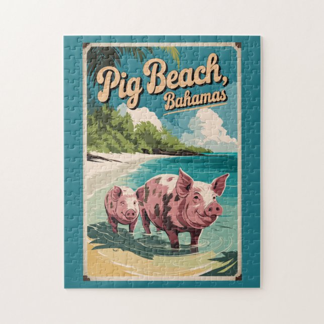 Puzzle Pig Beach Bahamas Travel Art Vintage (Vertical)
