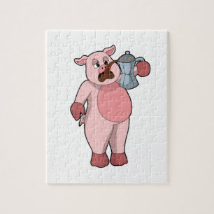 Puzzle Pig with coffee pot