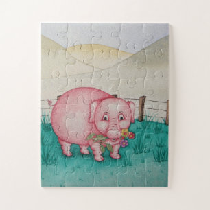 Puzzle Piggy rose mignonne avec fleurs colorées animal de
