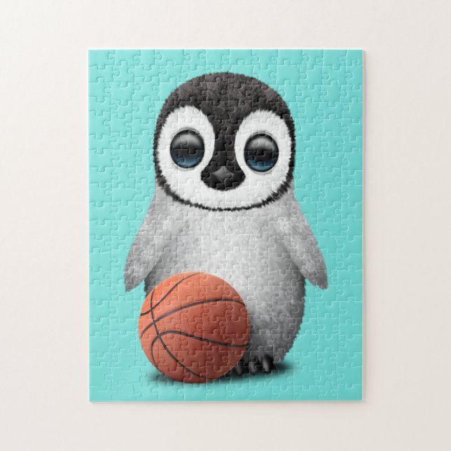 Puzzle Pingouin mignon de bébé jouant avec le basket-ball (Vertical)