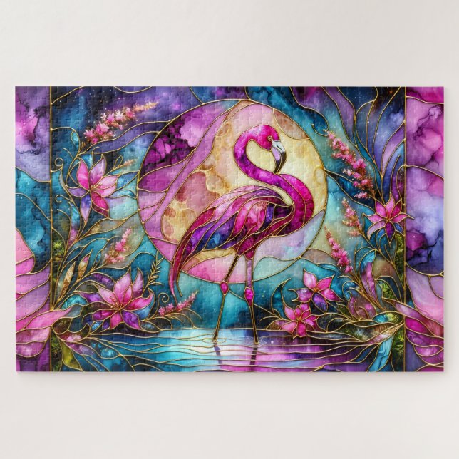 Puzzle Pink Flamingo Stained Glass Mosaic (Horizontal)