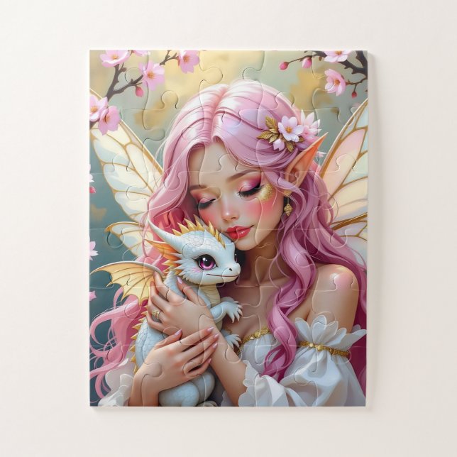 Puzzle Pink Haired Fairy and White Baby Dragon   (Vertical)