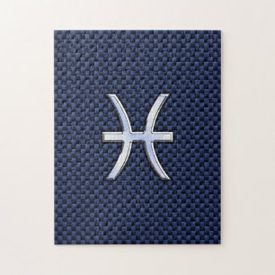 Puzzle Pisces Zodiac Sign on Blue Carbon Fibre Print