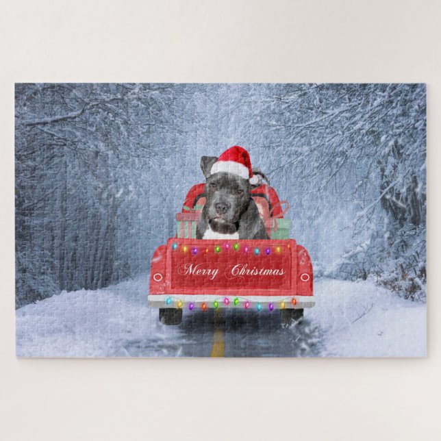 Puzzle Pit Bull Dog in Neige assis sur un camion de Noël (Horizontal)