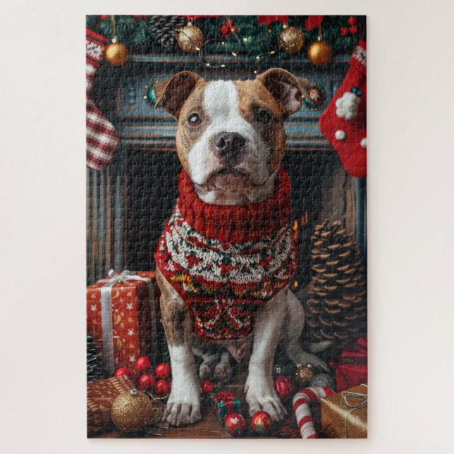 Puzzle Pitbull Chien avec les cadeaux de Noël cheminée (Vertical)