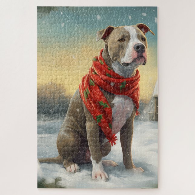 Puzzle Pitbull Chien dans Noël de neige (Vertical)