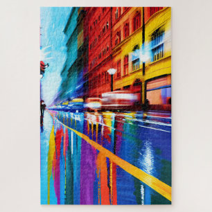 Puzzle Pittoresque Rouge Bleu Orange Réflexion Rainy City