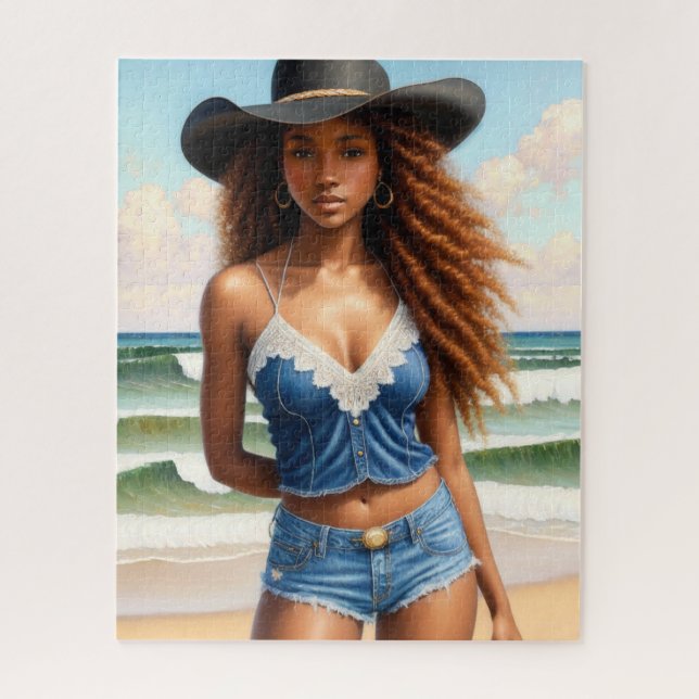 Puzzle Plage de cheveux en cuivre de cowgirl noire (Vertical)