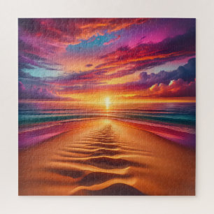 Puzzle Plage de sable menant à un coucher de soleil animé