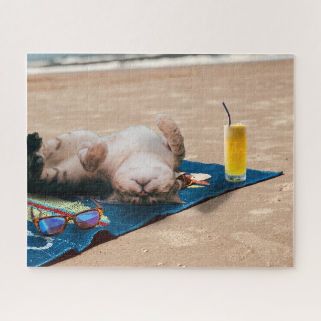 Puzzle Plage Jour Chat Bain de soleil mignon drôle animal (Horizontal)