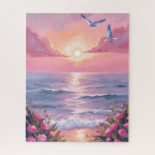 Puzzle Plage rose Aquarelle côtière de coucher de solei