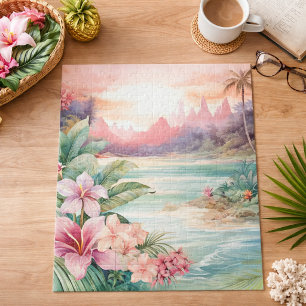 Puzzle Plage tropicale rose