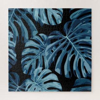 Puzzle Plante Monstera : motif feuille bleu.