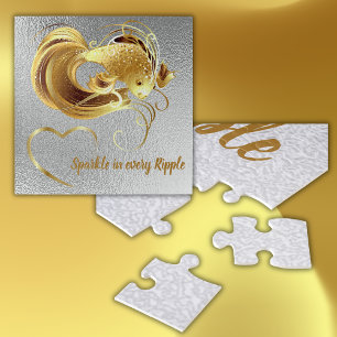 Puzzle Poisson doré sur feuille d'argent monogramme